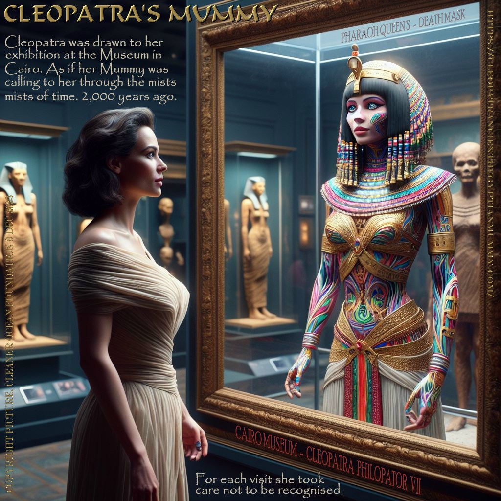 Cleopatra could not get used the seeing herself 2,000 two thousand years ago. She was drawn to the museum in Cairo, as if through the mists of time, her mummy was alive. Of course, because of the miracle of modern cloning and replication science, she was alive. Only possible because of the DNA from her mummy. And where her tomb had been hidden for all those years. He digital reincarnation was only possible because of the archaeological teamwork, that finally found her.