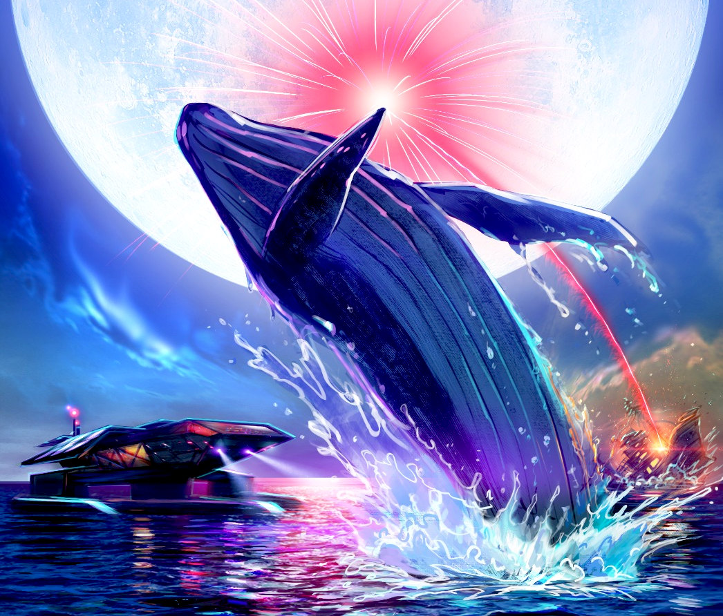 The giant humpback whale, Kulo-Luna, sinks a pirate whaling boat, celebrating her victory with a broach by the light of the Moon